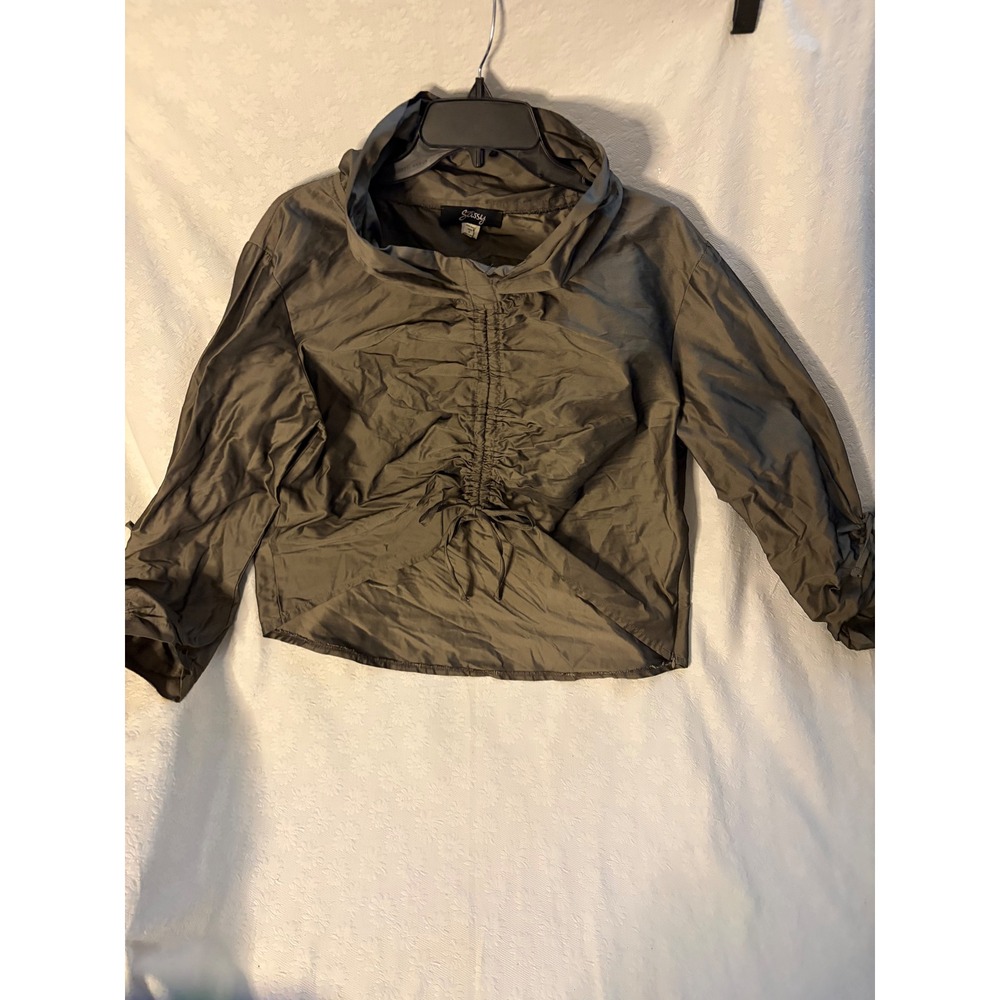 Sassy Whimsygoth Fairy Grunge Y2K Night grey Ruched Front Funnel Neck Blouse  S